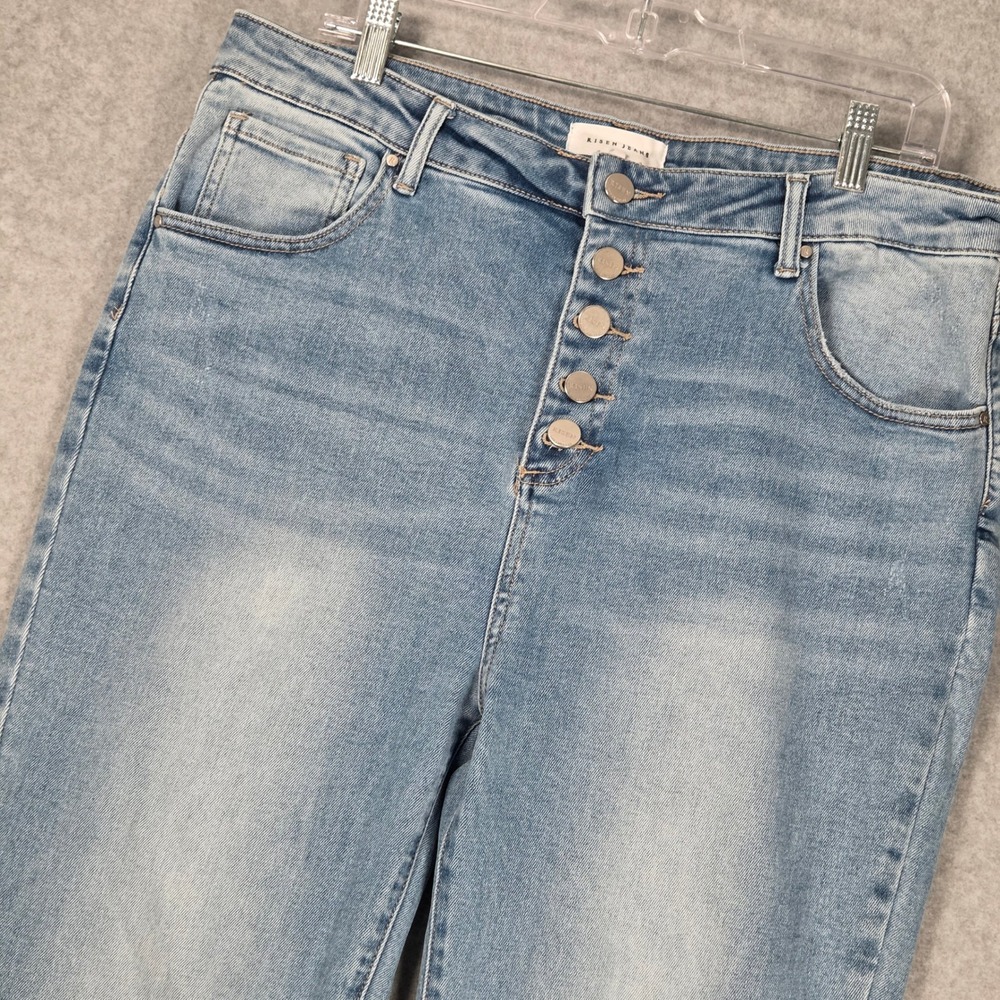 Risen Womens 2XL High Rise Button Fly Flare Jeans Light Wash Whiskering
